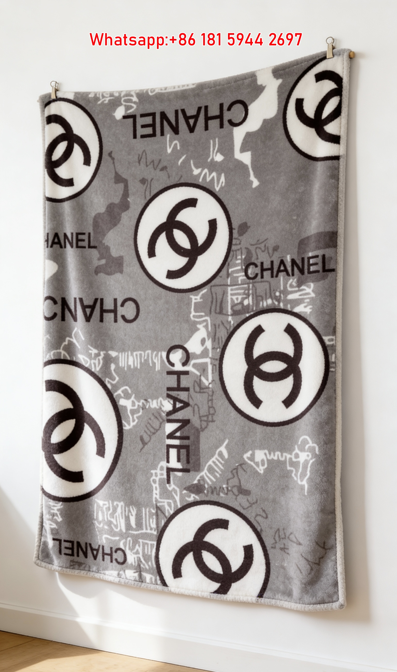 Chanel Grey Sketch CC Logo Flannel Throw Blanket IMG_7070